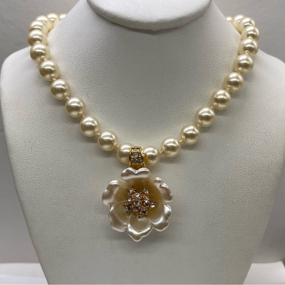 Nolan Miller Cream Pearl Necklace with Floral Crystal Pendant